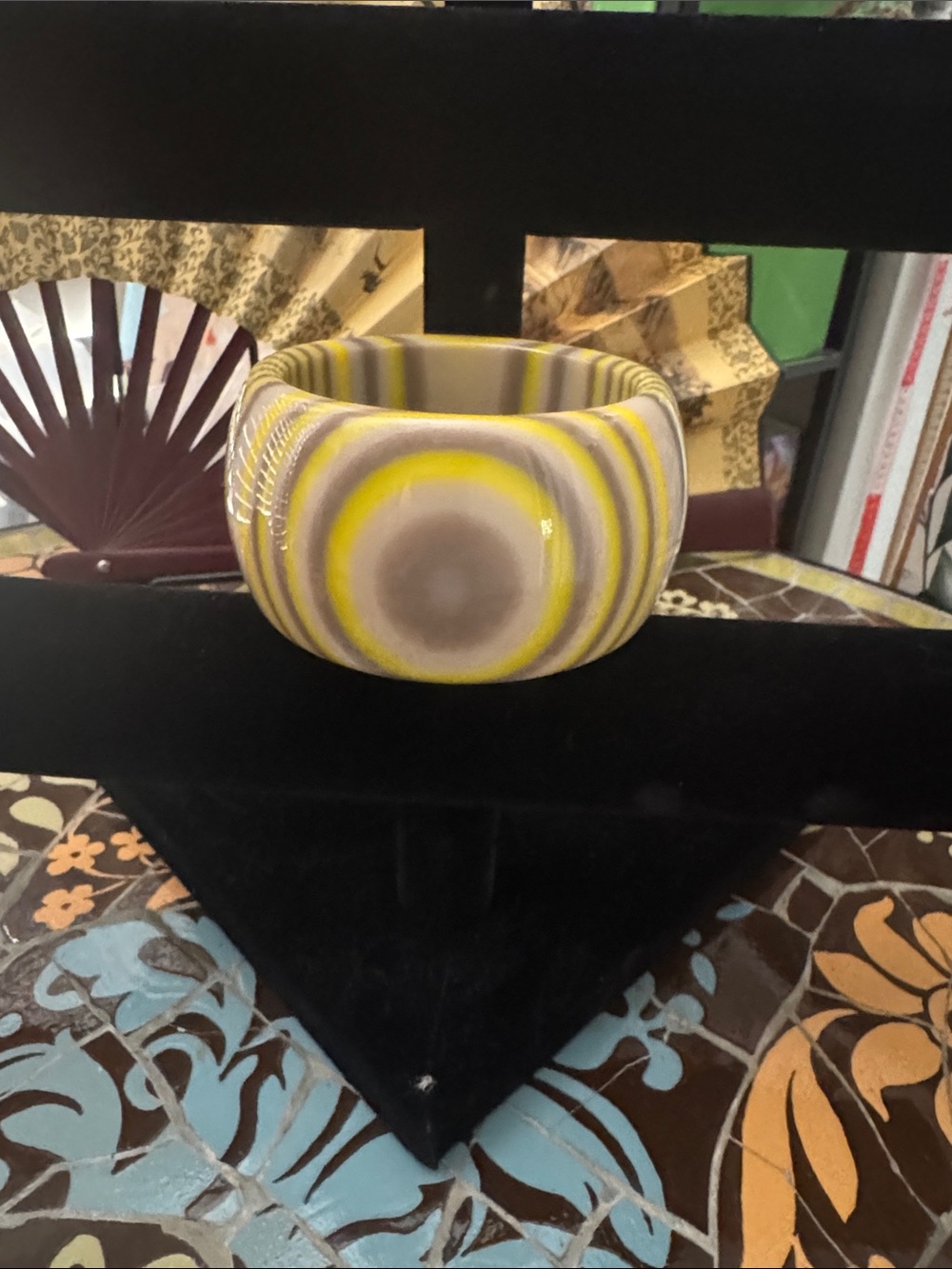 Striped Yellow and Gray Resin Bangle Bracelet